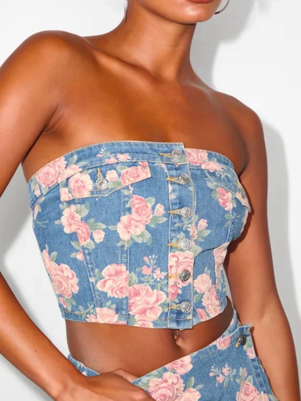 Strapless Floral Denim Crop Top - Pink Floral on Blue